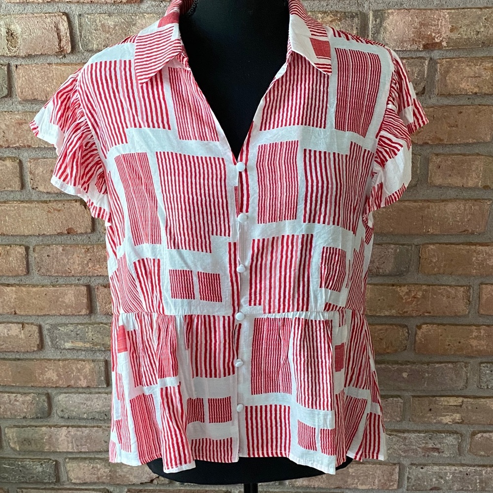 JODIFL Red and White Striped Button Down Shirt Medium NWOT